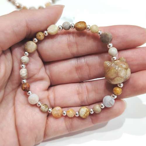 925純銀貓貓頭珊瑚玉化石手串