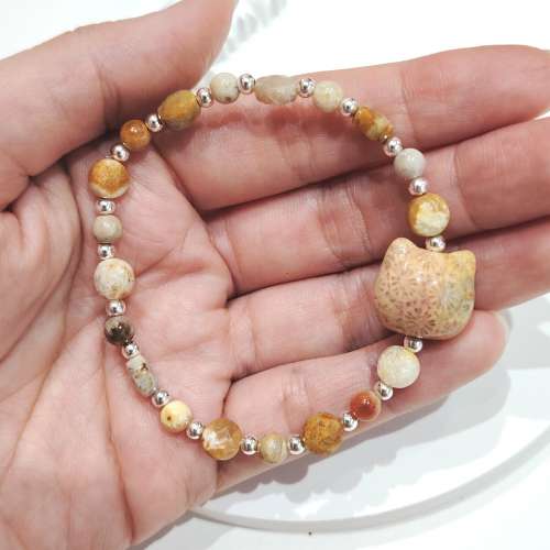 925純銀貓貓頭珊瑚玉化石手串