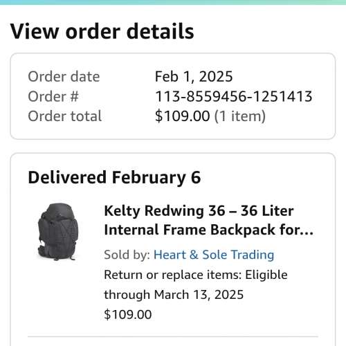 Kelty Redwing 36 L backpack, internal frame, bought in Feb 2025