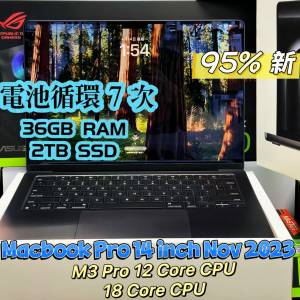95%新 Macbook Pro 14 inch Nov 2023 M3 Pro 36GB RAM 2TB SSD 電池循環 7 次 保養...
