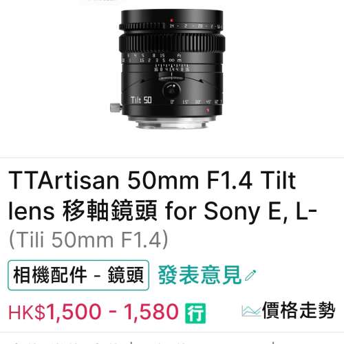 TTArtisan 50mm F1.4 Tilt lens移軸鏡頭 Sony用99.9%新淨