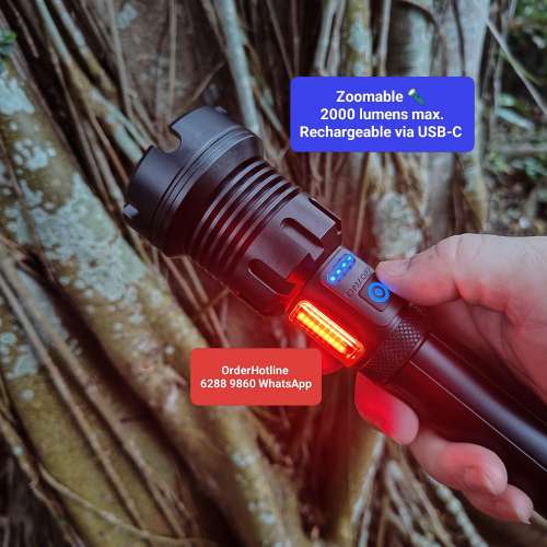 可變焦距強光電筒2000流明. 長續航時10400 mAh鋰電池. USB-C直接充電 Zoomable Fla...