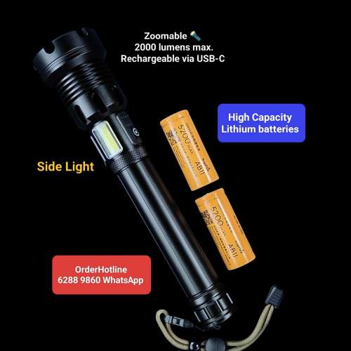 可變焦距強光電筒2000流明. 長續航時10400 mAh鋰電池. USB-C直接充電 Zoomable Fla...