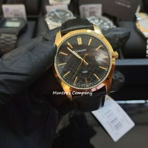 Montres Company 香港註冊公司(32年老店) 卡西歐 CASIO防水 皮革錶帶 黑金色 MTPVD...