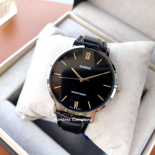 Montres Company 香港註冊公司(32年老店) 卡西歐 CASIO防水 皮錶帶 黑金色 MTPVT01...