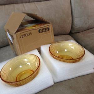 🍲 VISIONS CORNINGWARE Bowl 2pc Set NEW 全新 康寧琥珀色晶瑩系列波點点餐具玻璃...