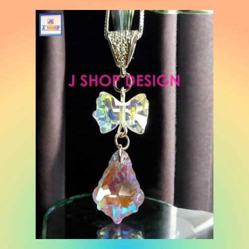 【自家設計】水晶蝴蝶結配水晶楓葉吊咀連頸鏈 *頸鏈可自由更換*《附送精美*紐扣絨...