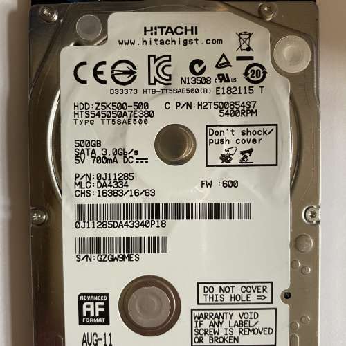 HITACHI 500GB 2.5” SATA HDD