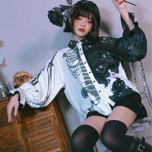 古怪舍「淬魂」设计感小众衬衫女不对称印花灯笼袖复古朋克风衬衣 M碼 A960