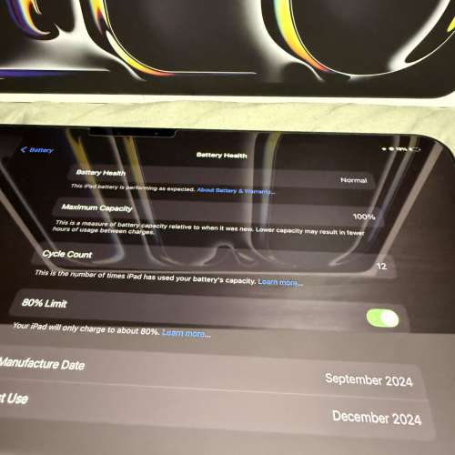 iPad Pro 13" M4 WIFI 256 GB 2025 Battery Cycle 12 連盒線