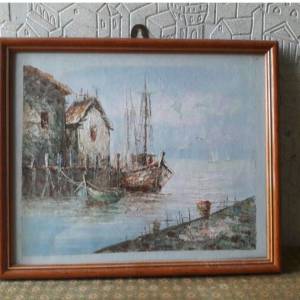 黎明漁港 油畫 (oil painting) 連玻璃框