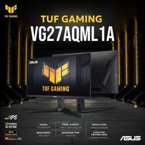 Asus VG27AQML1A TUF 260Hz 2K 27″ 電競顯示器 FreeSync Premium G-Sync [行貨,三...