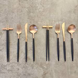 Cutipol - Goa Cutlery Set, 3 Pieces + Chopsticks (Matte Rose Gold & Black handle