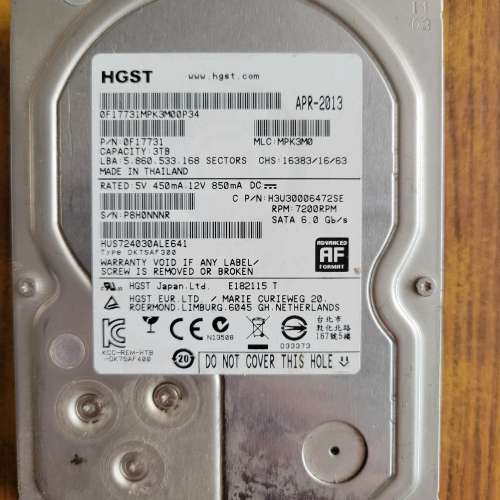 使用時間少HGST 3.5寸 3TB SATA HDD