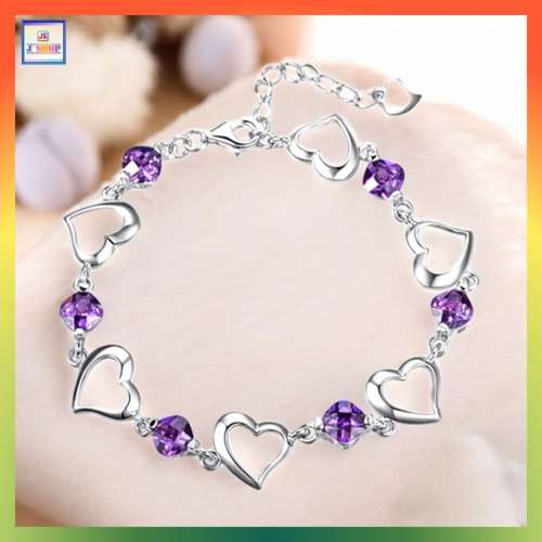 精緻設計心連心紫色鋯石手鏈《附送精美*紐扣絨布袋*一個》(型號：JS-B-13)