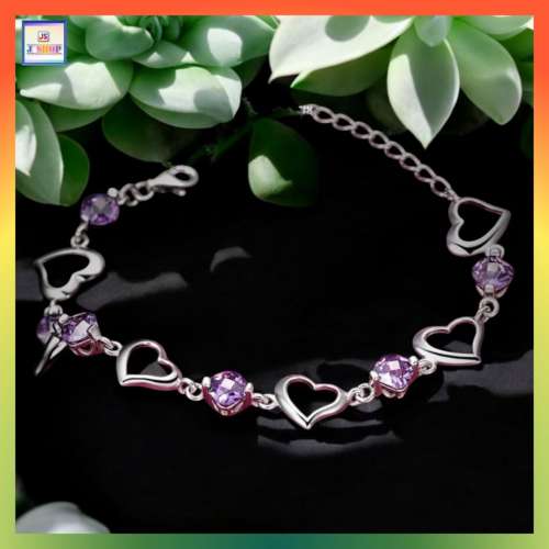 精緻設計心連心紫色鋯石手鏈《附送精美*紐扣絨布袋*一個》(型號：JS-B-13)