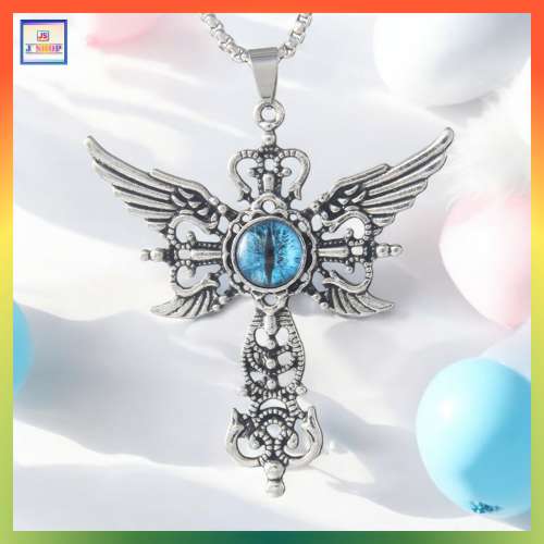 歌特風格天使之翼藍魔眼十字架吊咀連頸鏈 *頸鏈可自由更換*《附送精美*紐扣絨布袋*...