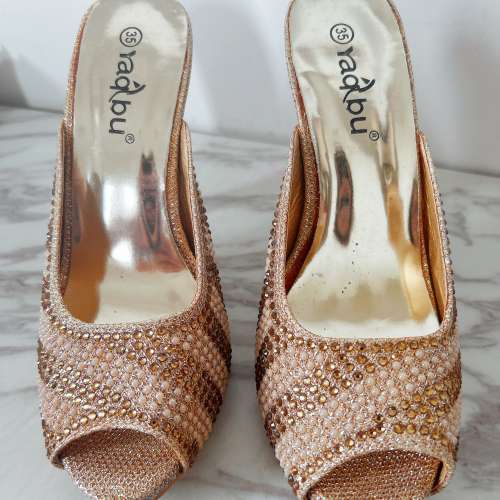 Embellished peep toe high heels
