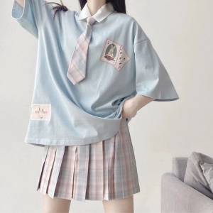 學院日系軟妹可愛兔子學生寬松短袖T恤jk制服裙百褶裙子套裝(衬衫+裙+領带)