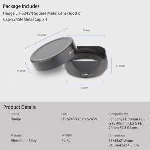 Haoge LH-S245N Bayonet Square Metal Lens Hood For SONY FE 24mm f/2.8 方形遮光罩