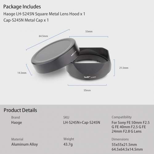 Haoge LH-S245N Bayonet Square Metal Lens Hood For Sony FE 40mm f/2.5 G 方形遮光...