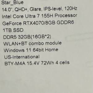 Intel Core Ultra 7 155H Processor GeForce RTX4070/8GB GDDR6