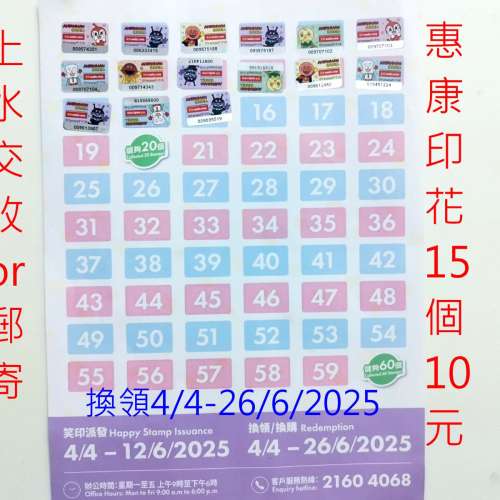 惠康印花2025年--全萌出動-- Wellcome Stamps 15 pcs個 $10--上水火車站交收--包平郵