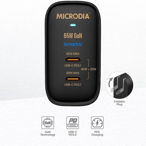 Microdia Nano 65W GaN Wall Charger65W 雙輸出GaN掌上遊戲機快速充電器