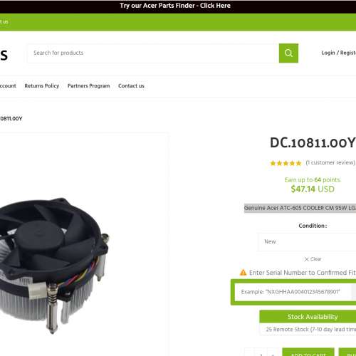 全新Genuine Acer ATC-605 COOLER CM 95W LGA1155/1150 CPU散熱器（風冷）