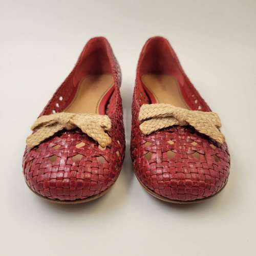 Miu Miu Vero Cuoio Red Braided Leather Cream Bow Flats MADE IN ITALY