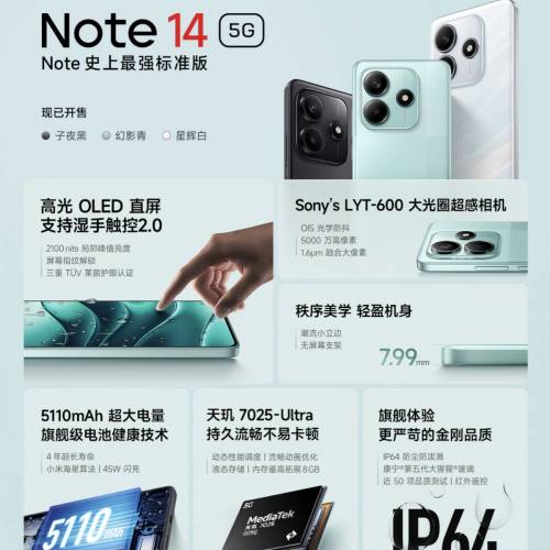小米 紅米 Redmi Note 14 5G國行版 8+128版本  (全新機)