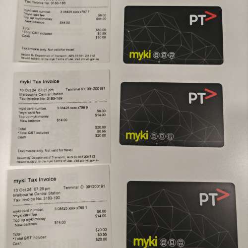 澳洲墨爾本交通卡 myki 三張 (有餘額有收據）