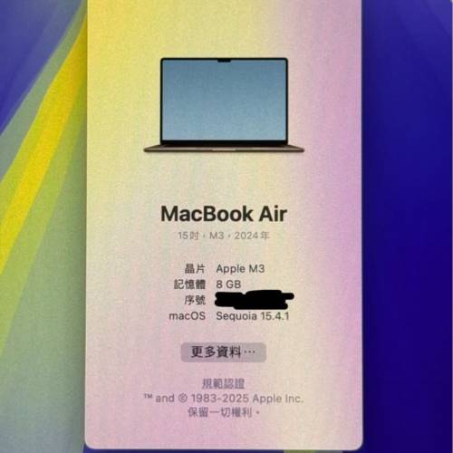M3 Macbook Air 15&rdquo; 8GB+256GB (午夜暗色)