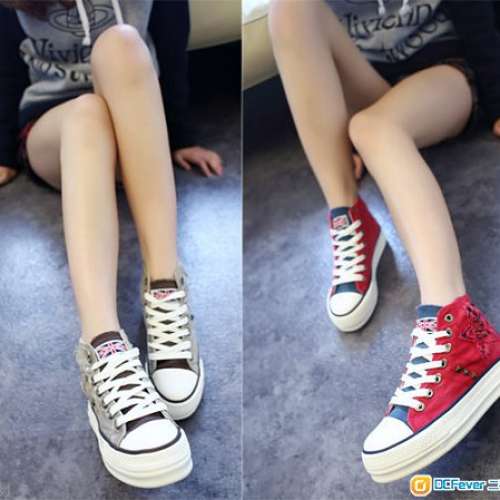 全新拼色帆布鞋 厚底高幫松糕鞋 平底鞋 休閒鞋 舒適鞋 輕便鞋 綁帶鞋 厚底鞋 - 紅色36