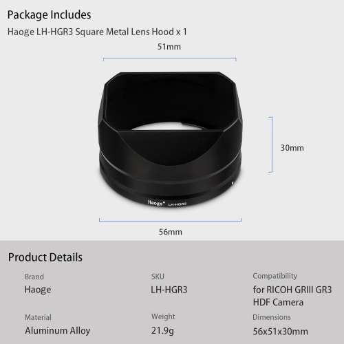 Haoge LH-HGR3 Metal Square Lens Hoods For RICOH GRIII, GR3 HDF 方形遮光罩