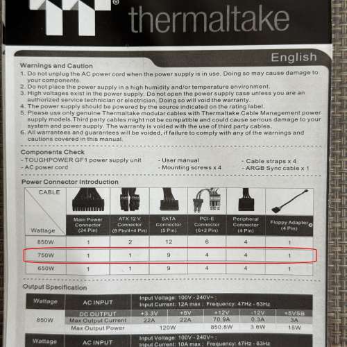 95% New Thermaltake Toughpower GF1 ARGB 750W 80 Plus Gold Fully Modular PSU