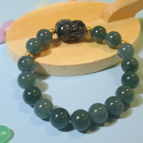 15CM藍水翡翠配烏雞貔貅手串