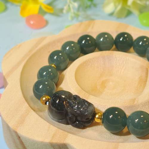 15CM藍水翡翠配烏雞貔貅手串