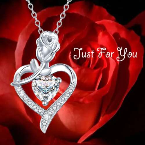 纯银心形玫瑰吊坠项链