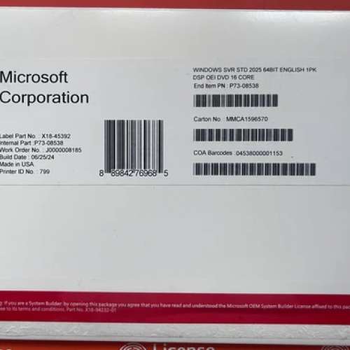 原裝正版Windows Server 2025 Standard 64Bit 16 Core OEM Pack With Installation...