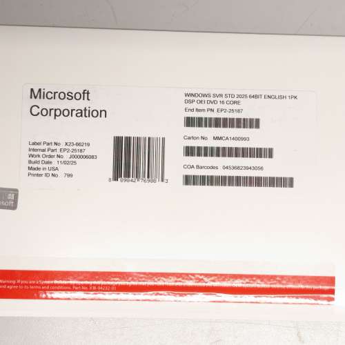 原裝正版Windows Server 2025 Standard 64Bit 16 Core OEM Pack With Installation...