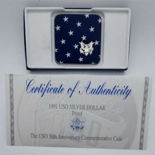 1991 S Proof USO Silver Dollar US Mint Commemorative $1 Coin with Box and COA