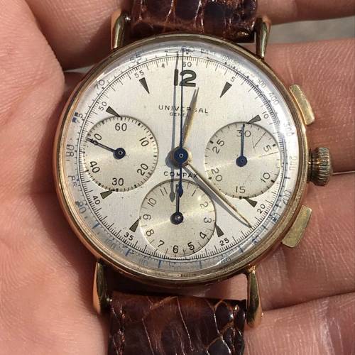 🥰🥰少有50年代宇宙18K實金(Universal Compax)三盤計時手錶