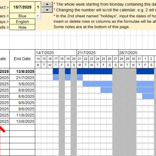 可避開假期的工程進度/日程表 excel template