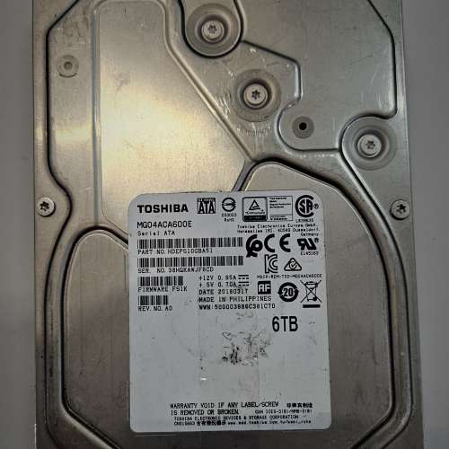 已使用 二手 硬碟 3.5" TOSHIBA 6TB HDD HD HARDDISK SATA 6TB 6Gb/s