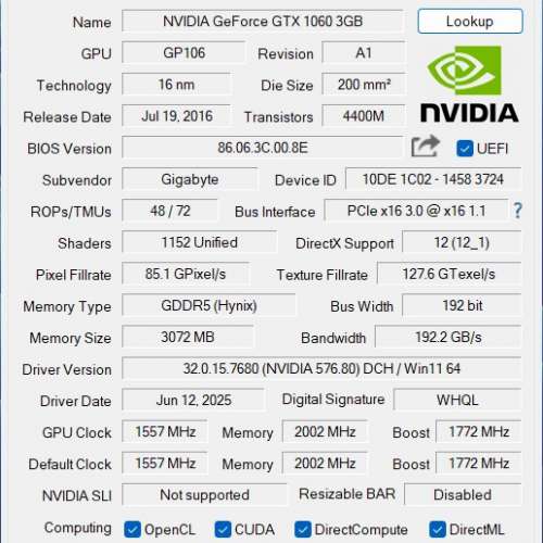 Gigabyte GeForce GTX 1060 WINDFORCE 2X OC 3G
