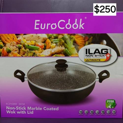 (只限將軍澳地鐵站)EURO COOK 34×9.5cm 黑色雲石紋易潔雙耳鍋連玻璃蓋