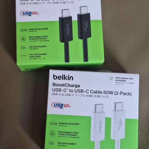 全新 Belkin 孖裝 60W 1.5M USB-C to USB-C 尼龍繩 充電線 黑色 白色