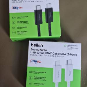 全新 Belkin 孖裝 60W 1.5M USB-C to USB-C 尼龍繩 充電線 黑色 白色