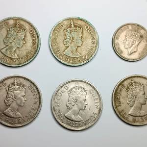 香港硬幣英女皇伊利沙伯一元（大餅)，1960年兩枚、1973年两枚、1974年一枚及英皇佐...